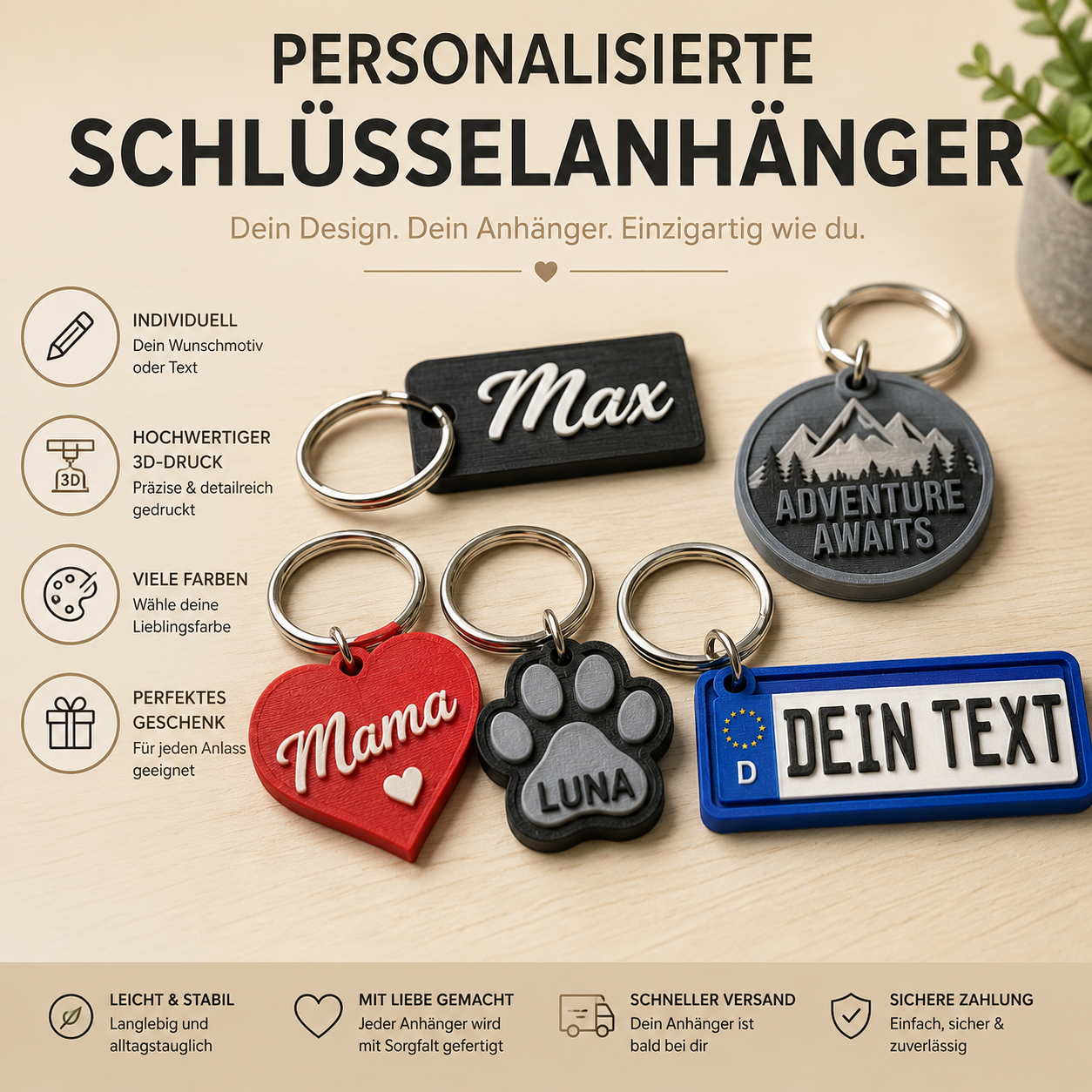 Schlüsselanhänger mit Name, Logo oder Wunschmotiv